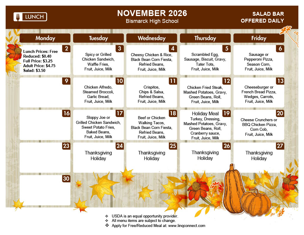 A school lunch menu calendar for November 2020 features a brown theme with autumn leaves and pumpkins.